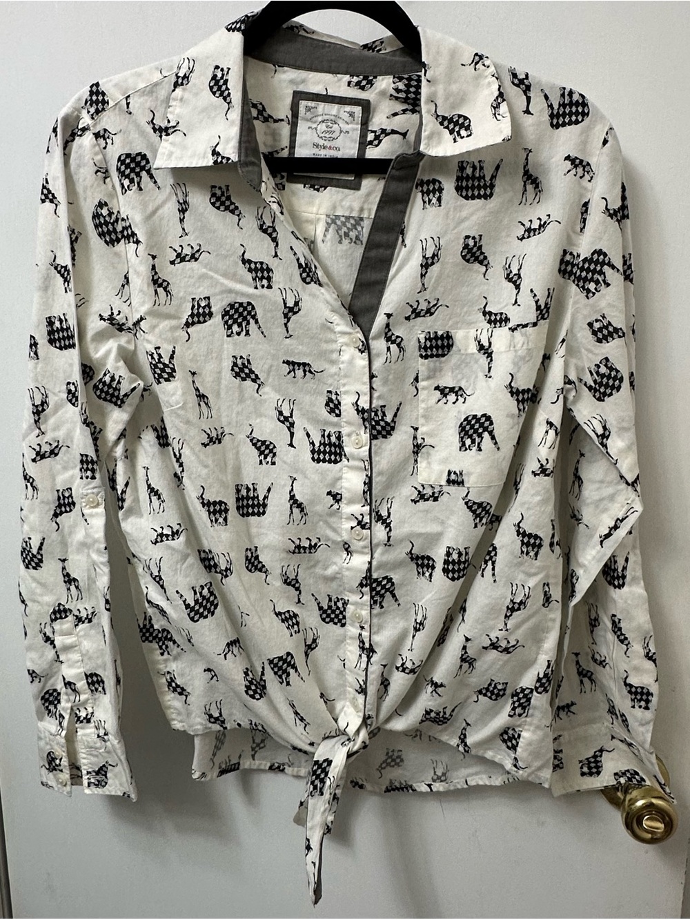 Style & Co. White Button-Down Shirt with Black animal prints